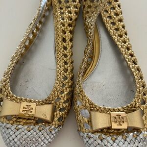 Tory Burch Metallic Gold Braided Bow Flats